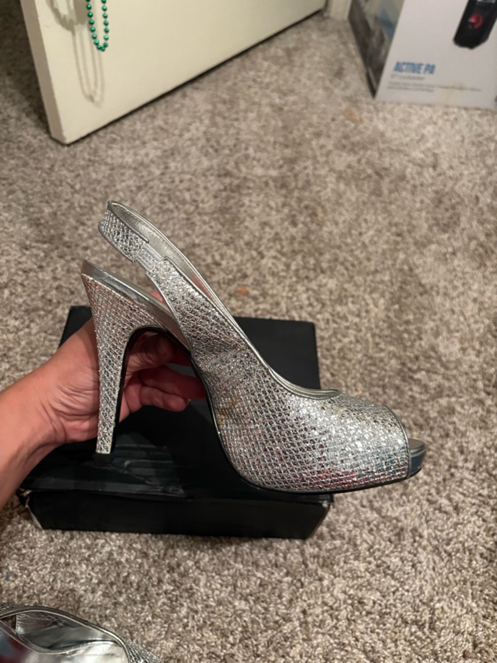 Lulu Townsend Silver Sparkling Peep-Toe Slingback Heels